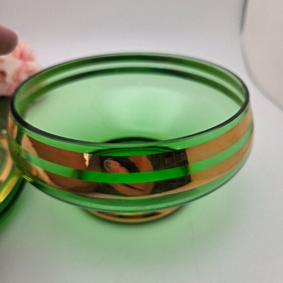 Vintage Bohemian Green Glass Lidded Candy Dish With Gold Stripes Mid Century - Picture 6 of 16